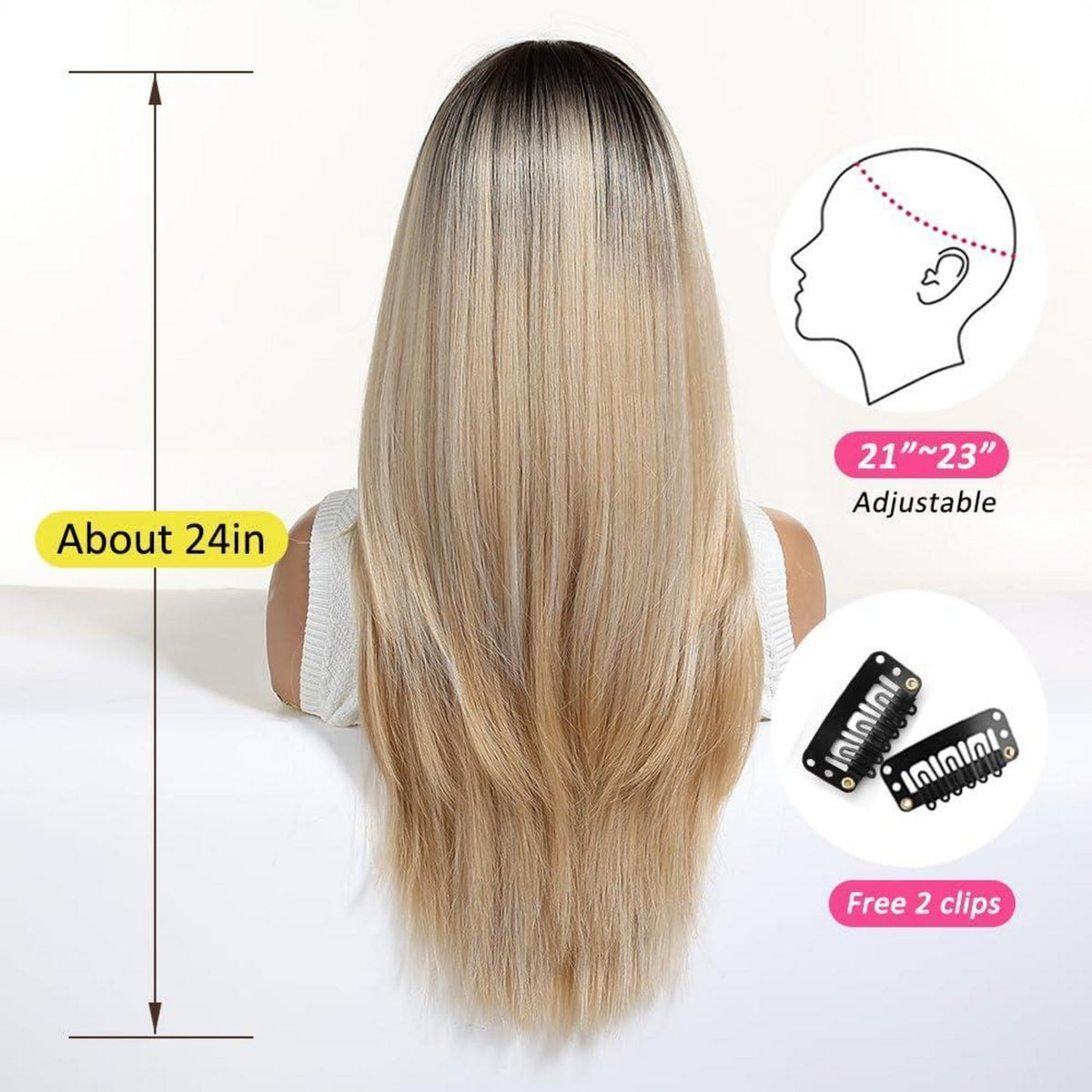 Ombre Blonde Perücke mit Pony, lange synthetische Haare