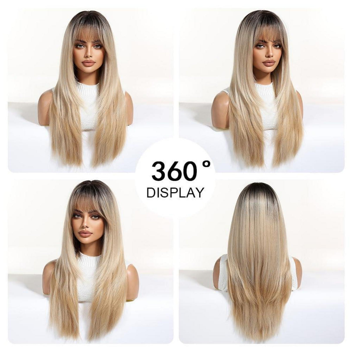 Ombre Blonde Perücke mit Pony, lange synthetische Haare