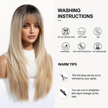 Ombre Blonde Perücke mit Pony, lange synthetische Haare