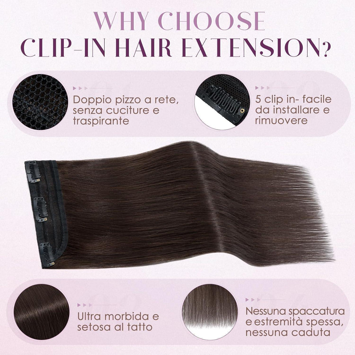 Clip-in Haarverlängerung Echthaar Dunkelbraun 50cm