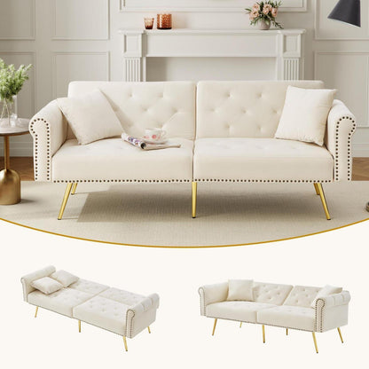 Zweisitzer Schlafsessel Beige Samt mit Verstellbarer Lehne