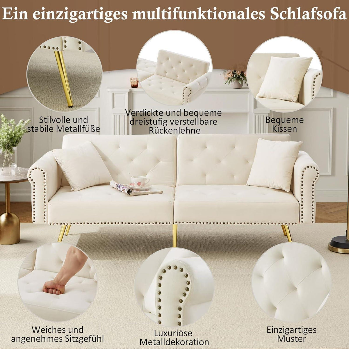 Zweisitzer Schlafsessel Beige Samt mit Verstellbarer Lehne