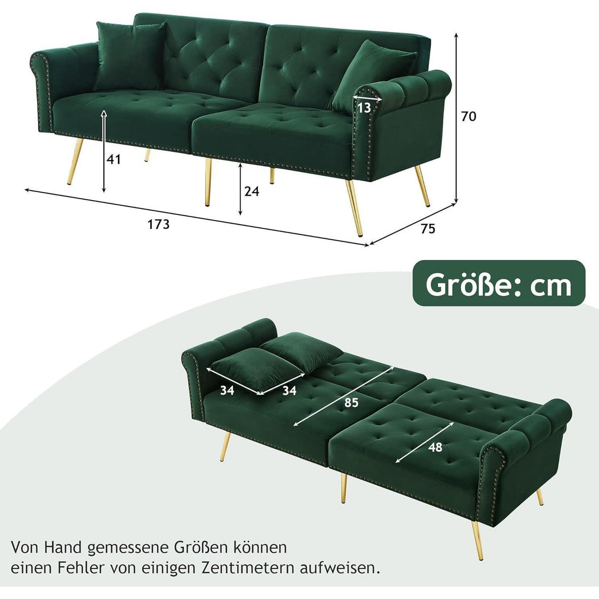 Zweisitzer Schlafsessel Grün, Samt Klappsofa mit Füßen