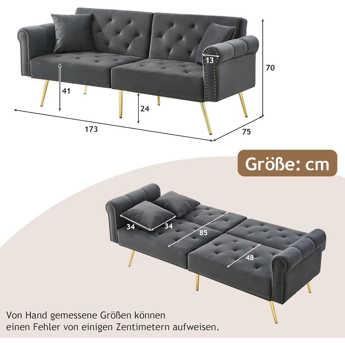 Zweisitzer Schlafsessel Grau – Samt Klappsofa mit Stauraum