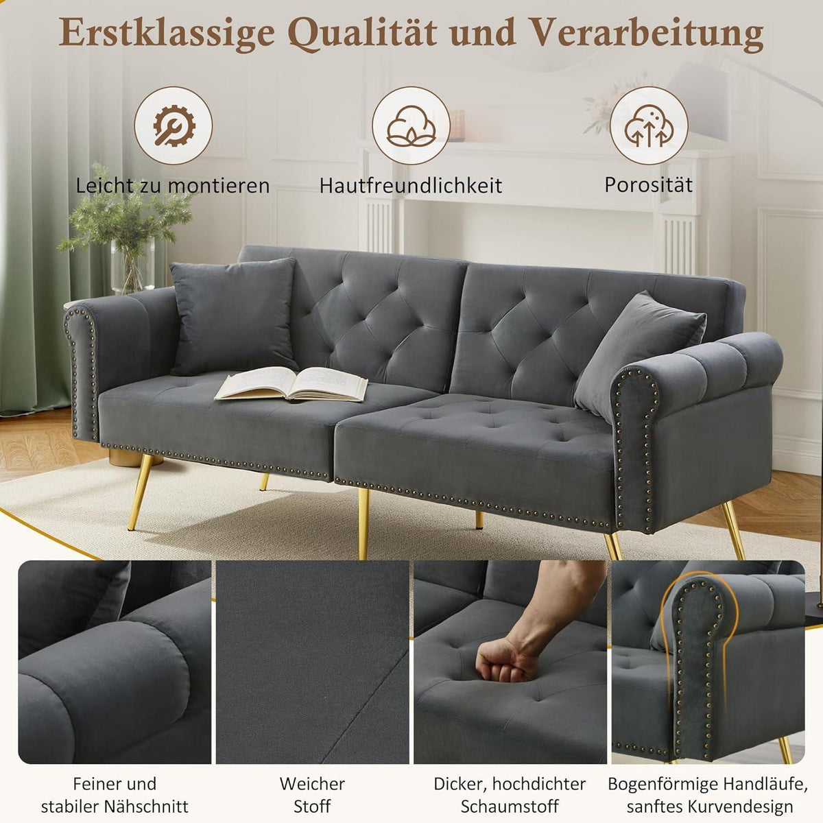 Zweisitzer Schlafsessel Grau – Samt Klappsofa mit Stauraum