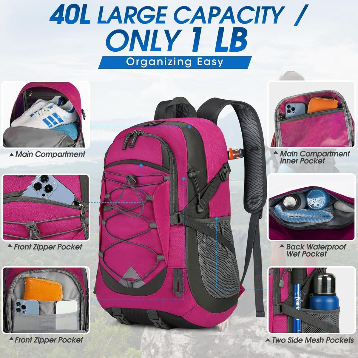 40L Faltbarer Wanderrucksack Wasserdicht mit Reflexstreifen (Rose)