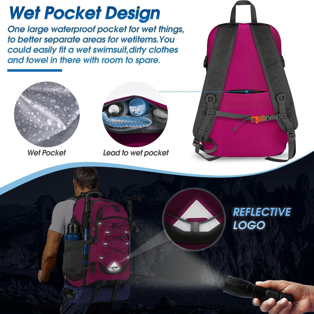 40L Faltbarer Wanderrucksack Wasserdicht mit Reflexstreifen (Rose)