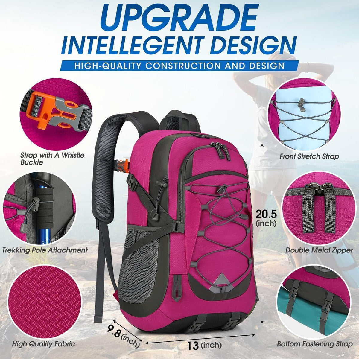 40L Faltbarer Wanderrucksack Wasserdicht mit Reflexstreifen (Rose)