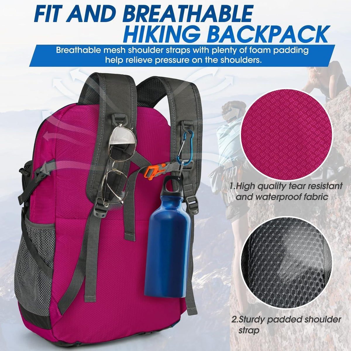 40L Faltbarer Wanderrucksack Wasserdicht mit Reflexstreifen (Rose)
