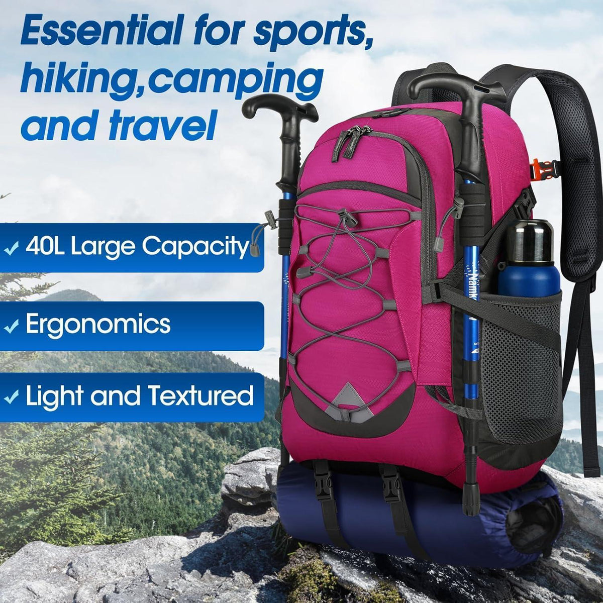 40L Faltbarer Wanderrucksack Wasserdicht mit Reflexstreifen (Rose)
