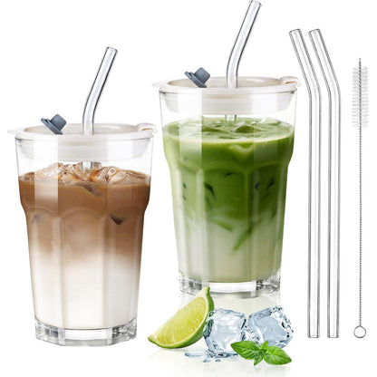Glasbecher Set mit Deckel & Strohhalm 380ml, 2 Stück