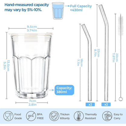 Glasbecher Set mit Deckel & Strohhalm 380ml, 2 Stück