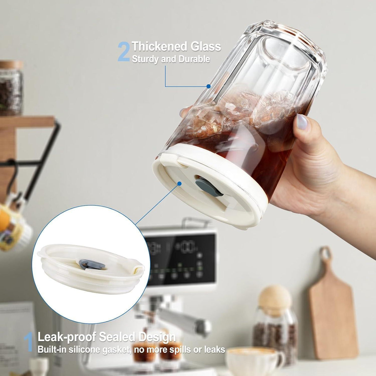 Glasbecher Set mit Deckel & Strohhalm 380ml, 2 Stück