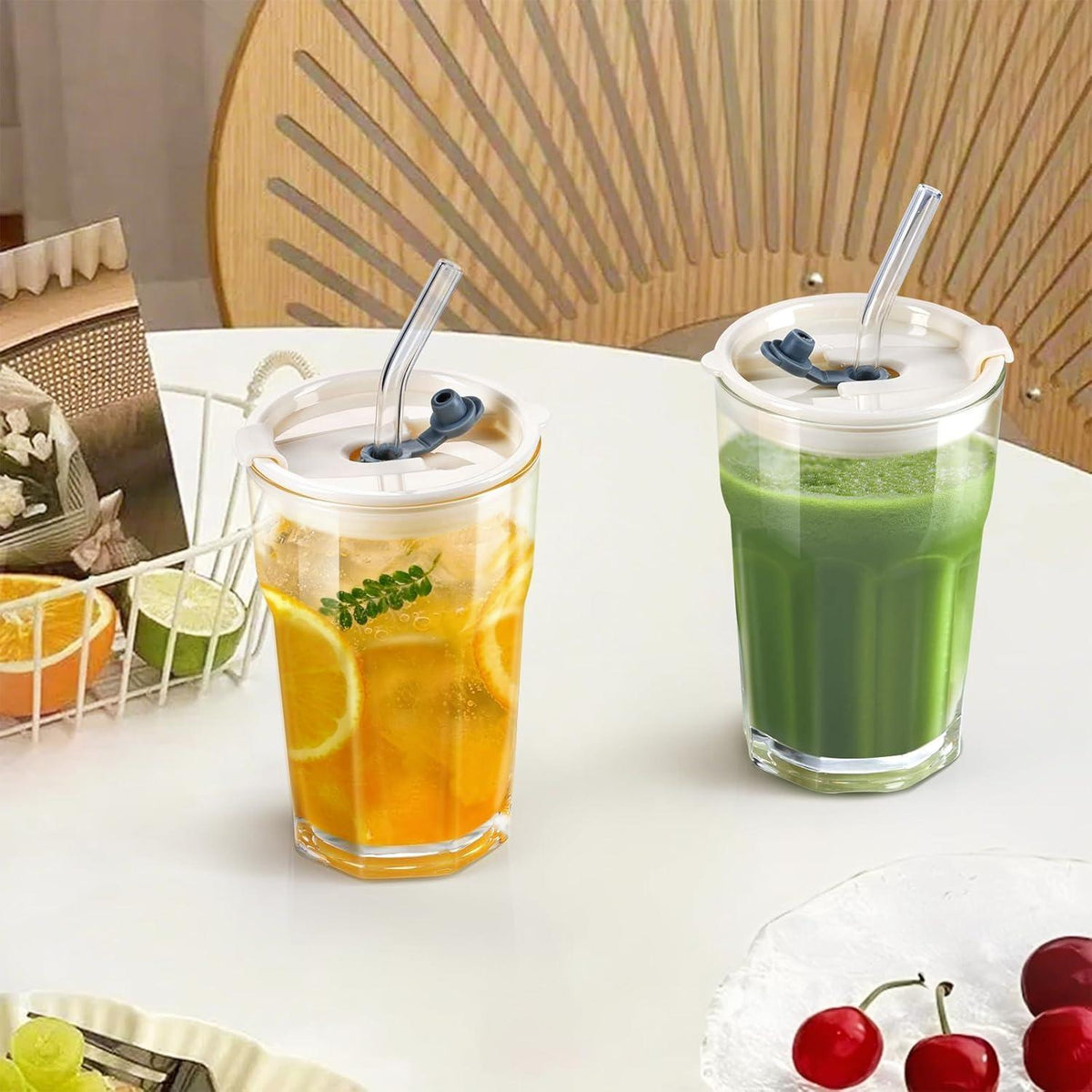 Glasbecher Set mit Deckel & Strohhalm 380ml, 2 Stück