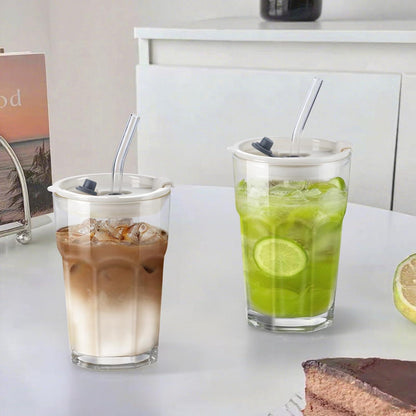 Glasbecher Set mit Deckel & Strohhalm 380ml, 2 Stück