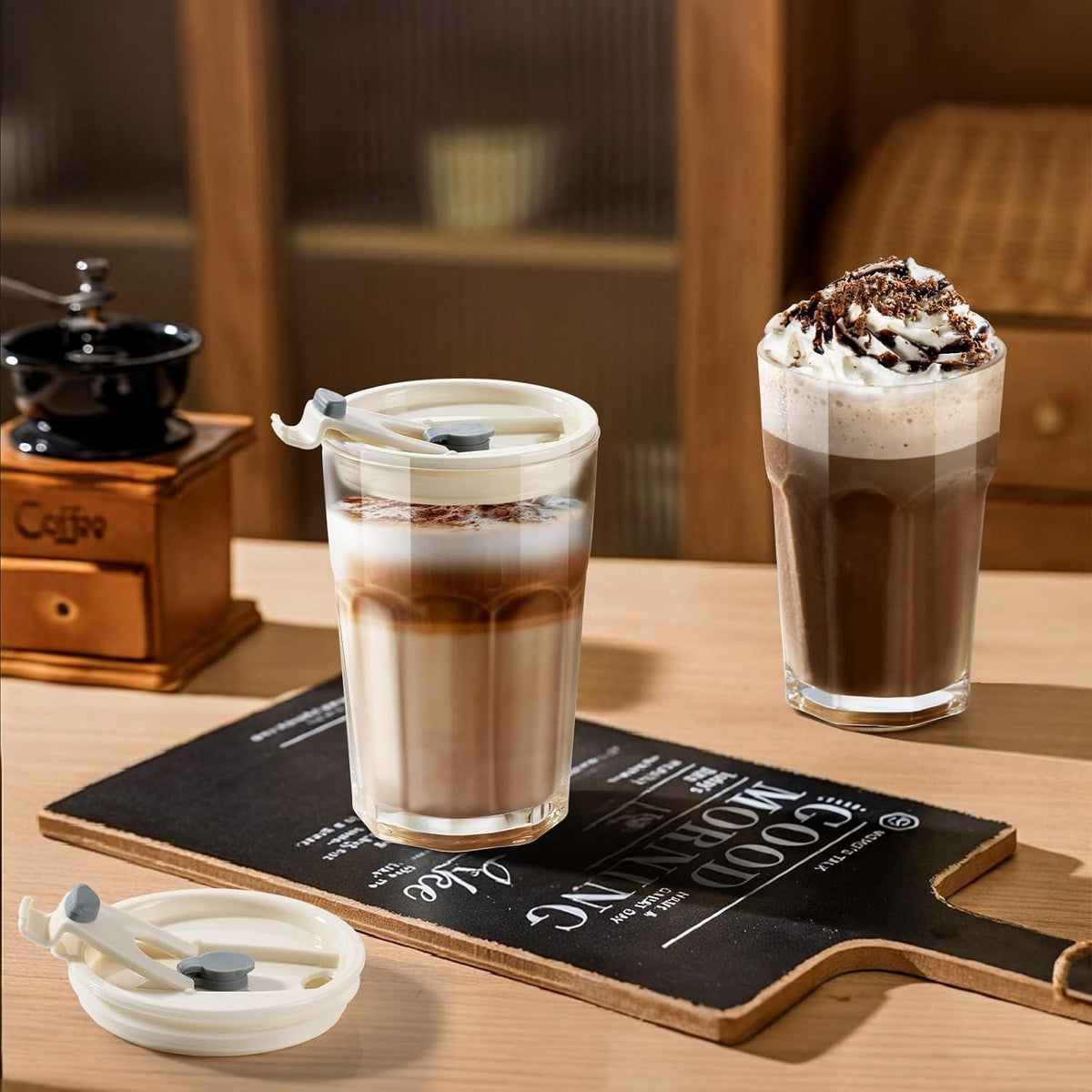 Glasbecher Set mit Deckel & Strohhalm 380ml, 2 Stück