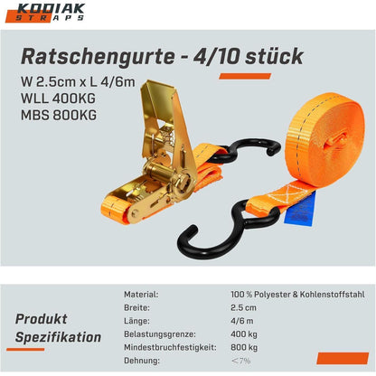 4 Spanngurte 4m, 800kg – Ratsche & S-Haken – Orange