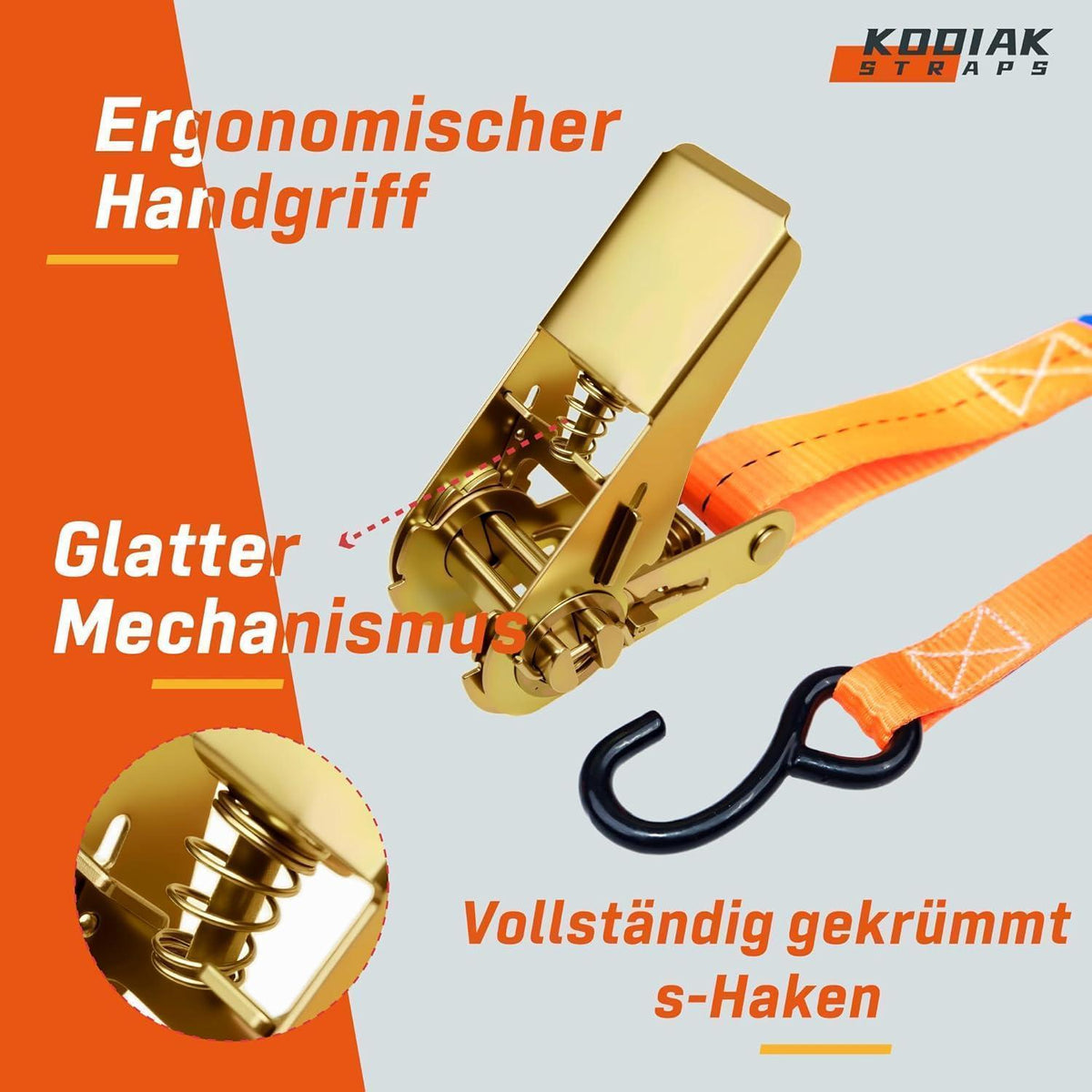 4 Spanngurte 4m, 800kg – Ratsche & S-Haken – Orange