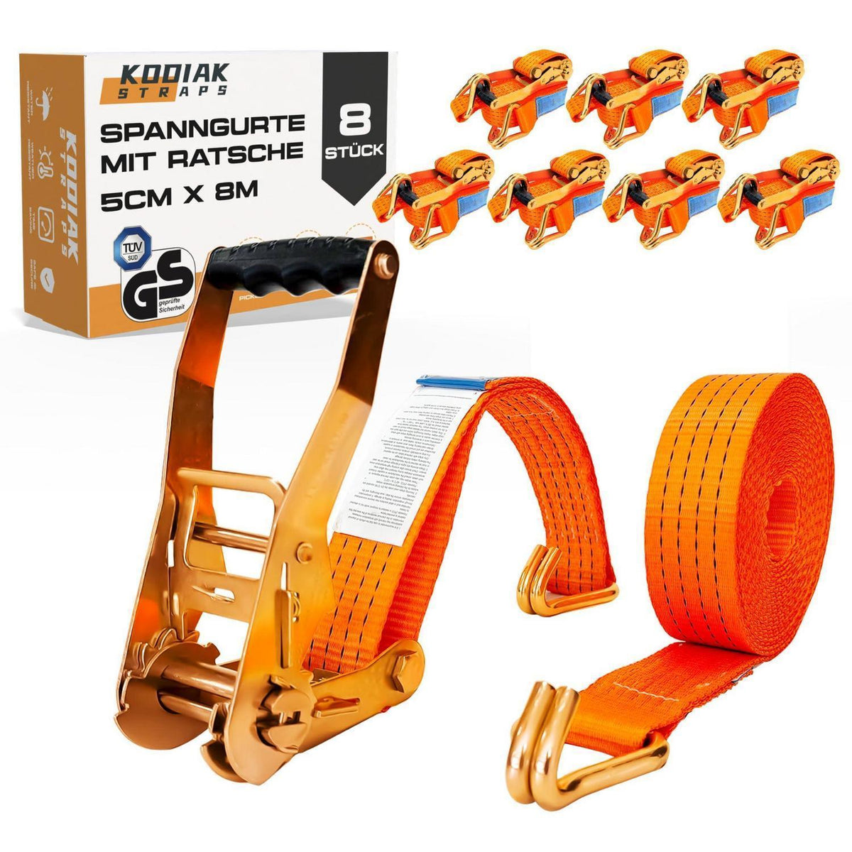 8 Spanngurte 8m | 4000kg | Orange Ratschengurt