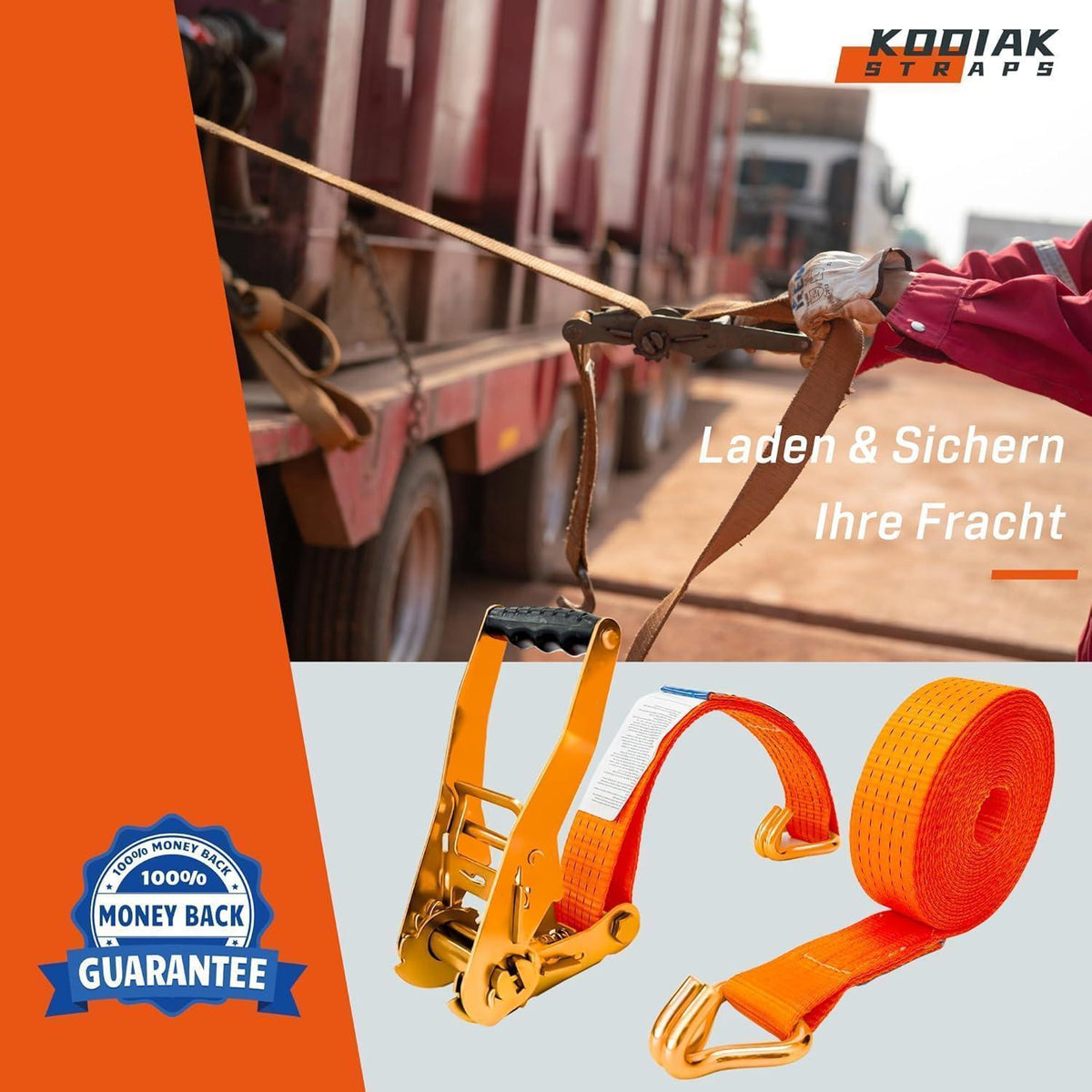 8 Spanngurte 8m | 5000kg Tragkraft | Orange Ratschengurt