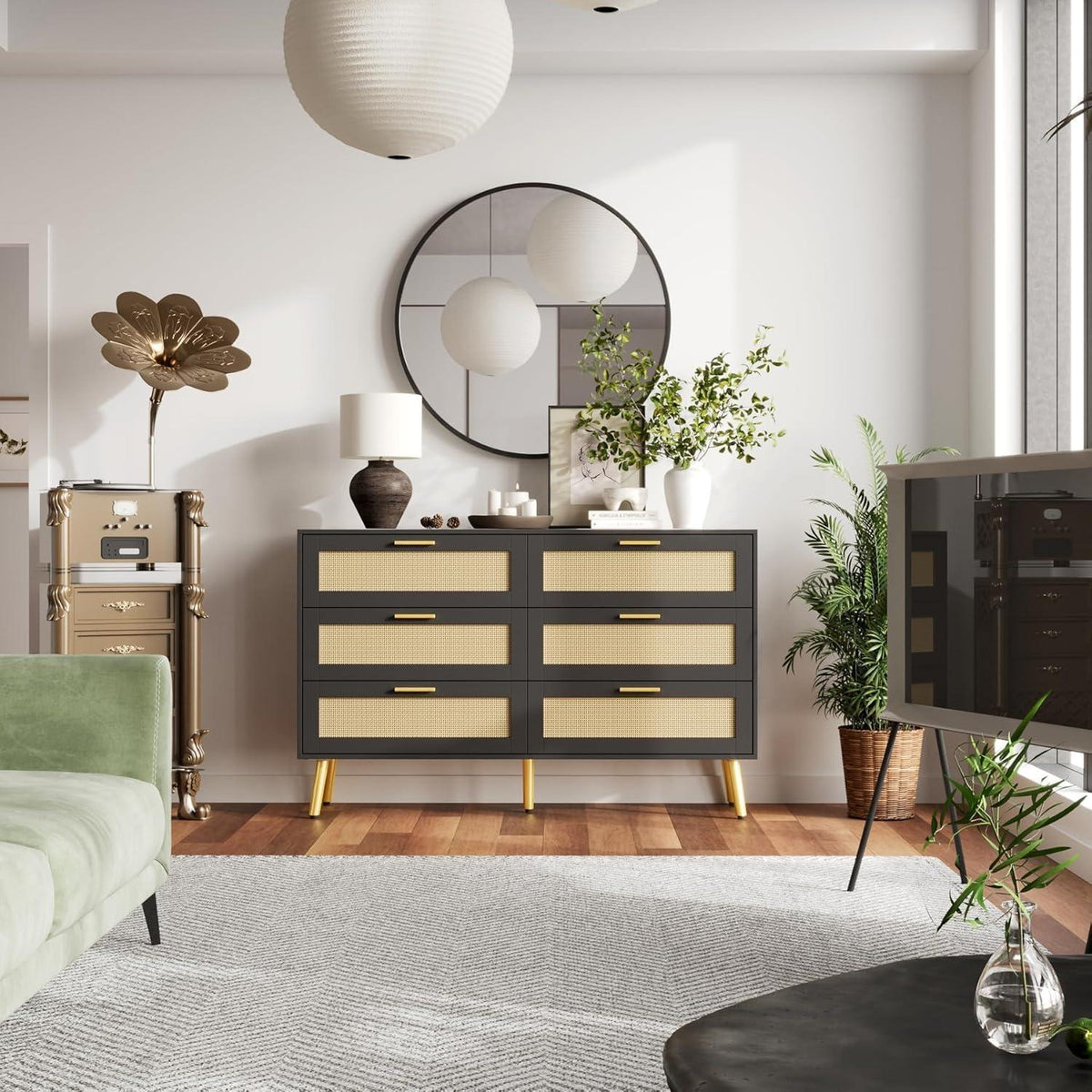 Rattan Kommode mit 6 Schubladen & goldenen Akzenten