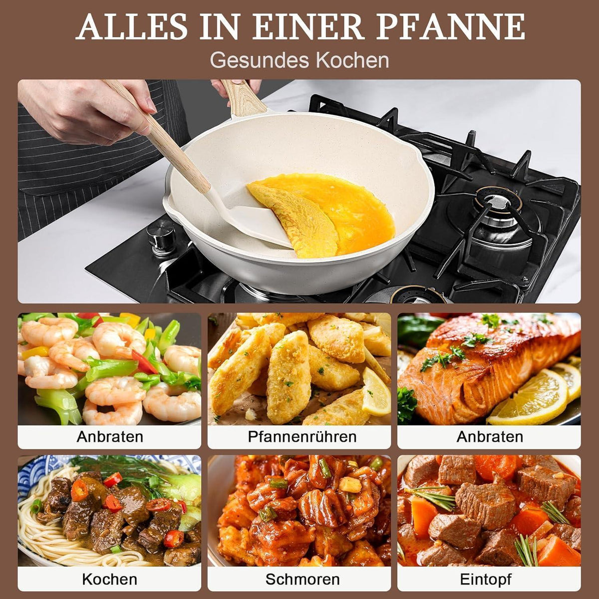 Bratpfanne mit hohem Rand, 30 cm, 5L, Antihaft, Glasdeckel, Induktion