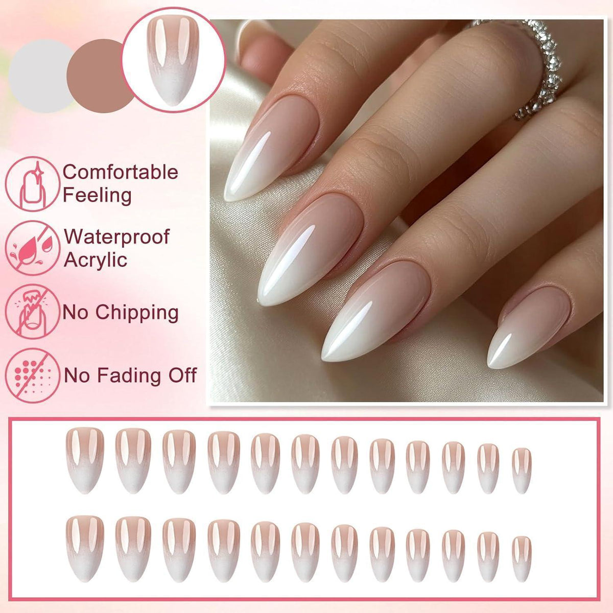 Französische Press On Nails Grau Farbverlauf Mandelform