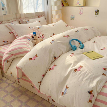 Dackel Bettwäsche 140x200 Rosa Gestreift mit Dackelmotiv