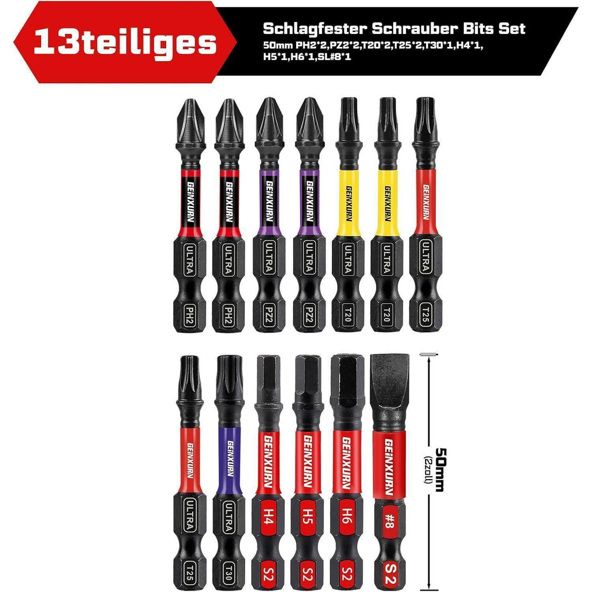 13tlg. Schlagfester Schrauber Bit Satz 50mm, Farbcode MIX