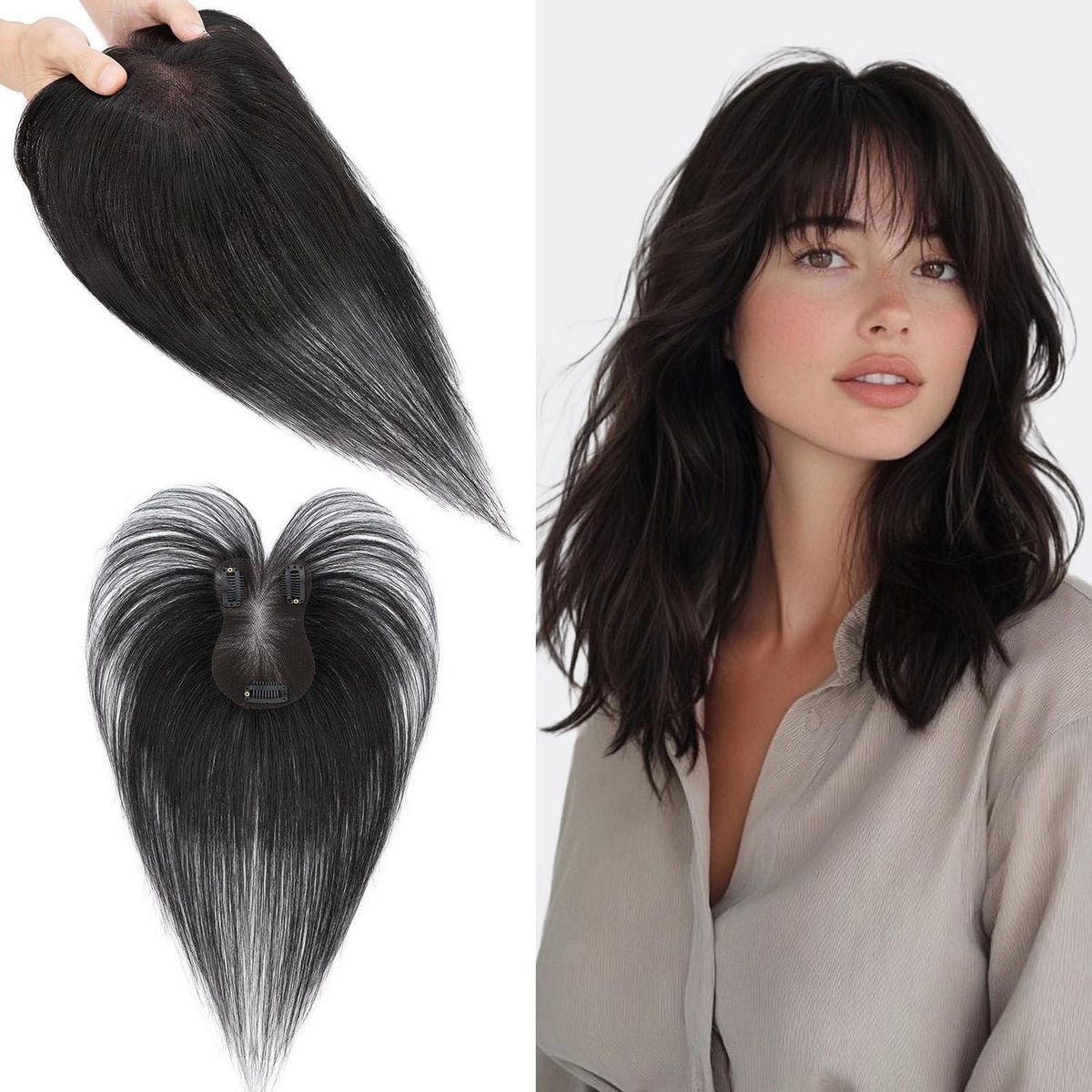 Haartopper Echthaar Schwarz mit Wispy Pony – Clip-In für Dünnes Haar