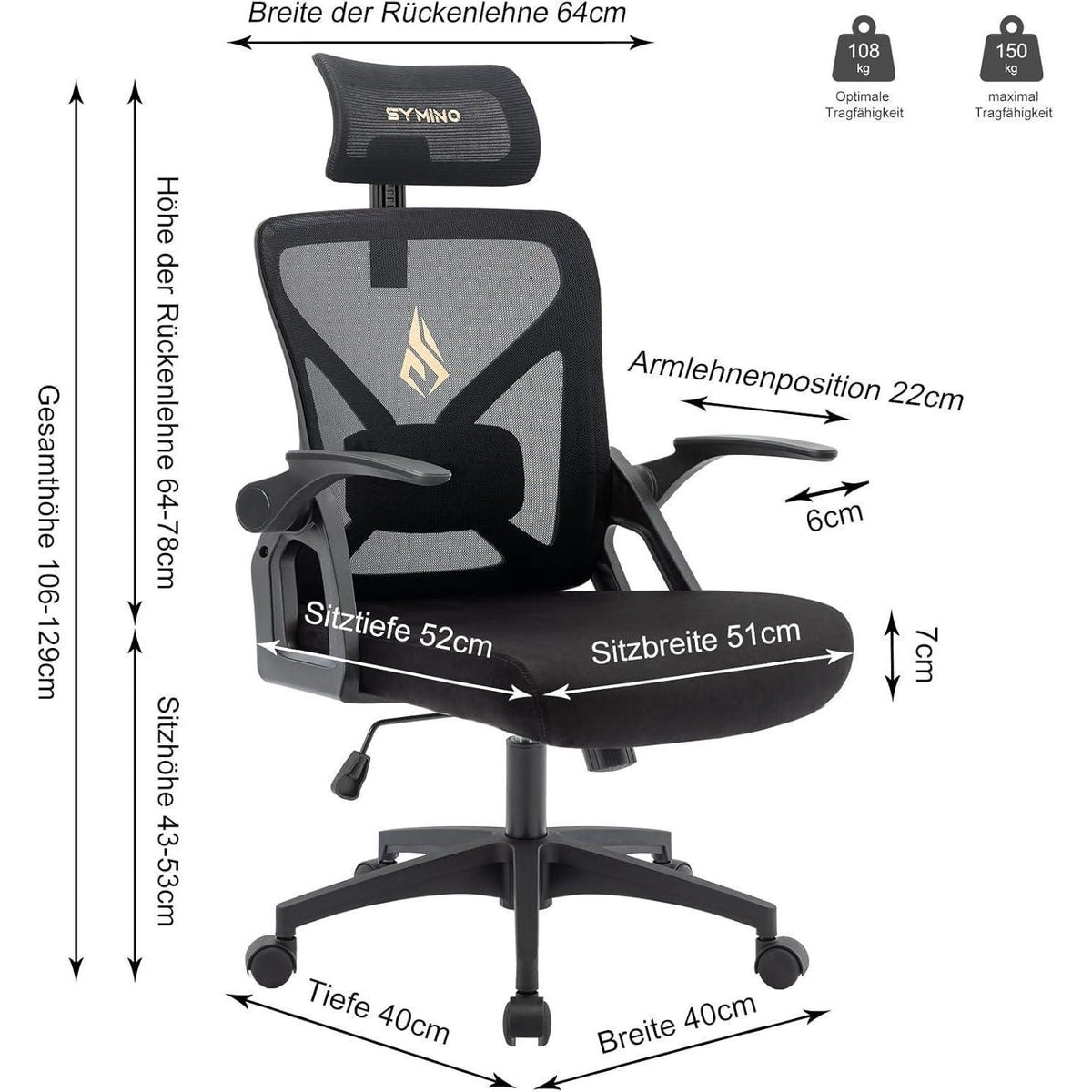 Ergonomischer Bürostuhl mit Kopfstütze und Lordosenstütze, Schwarz
