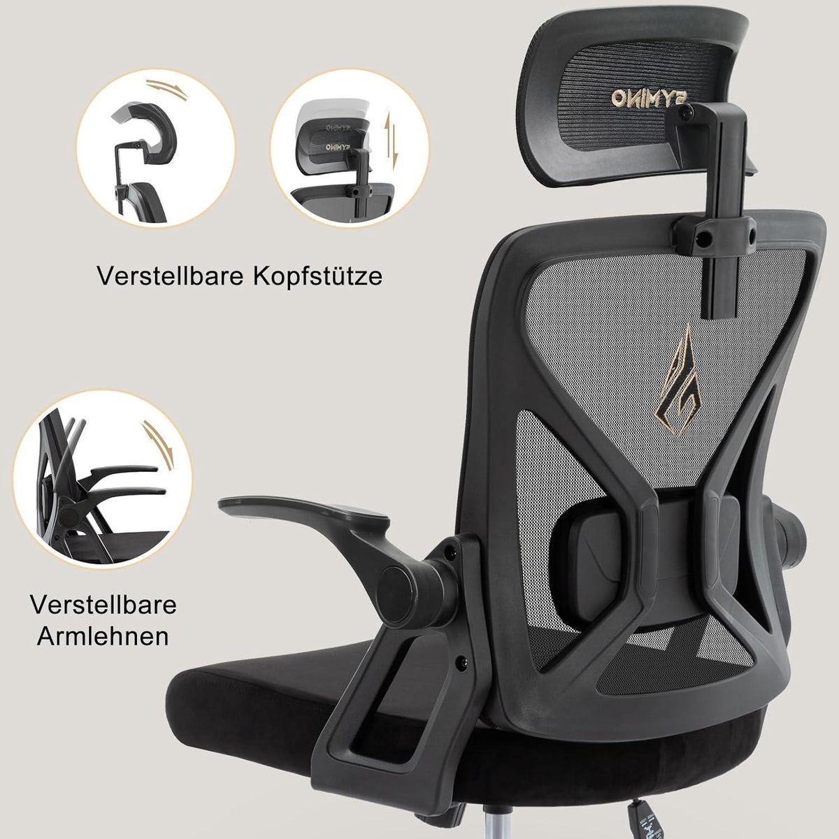 Ergonomischer Bürostuhl mit Kopfstütze und Lordosenstütze, Schwarz