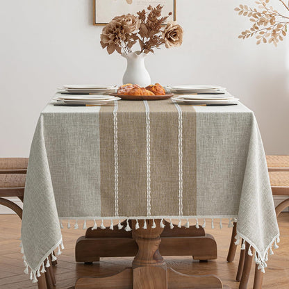 Leinenoptik Tischdecke Khaki Boho Streifen 140x180cm Rechteck