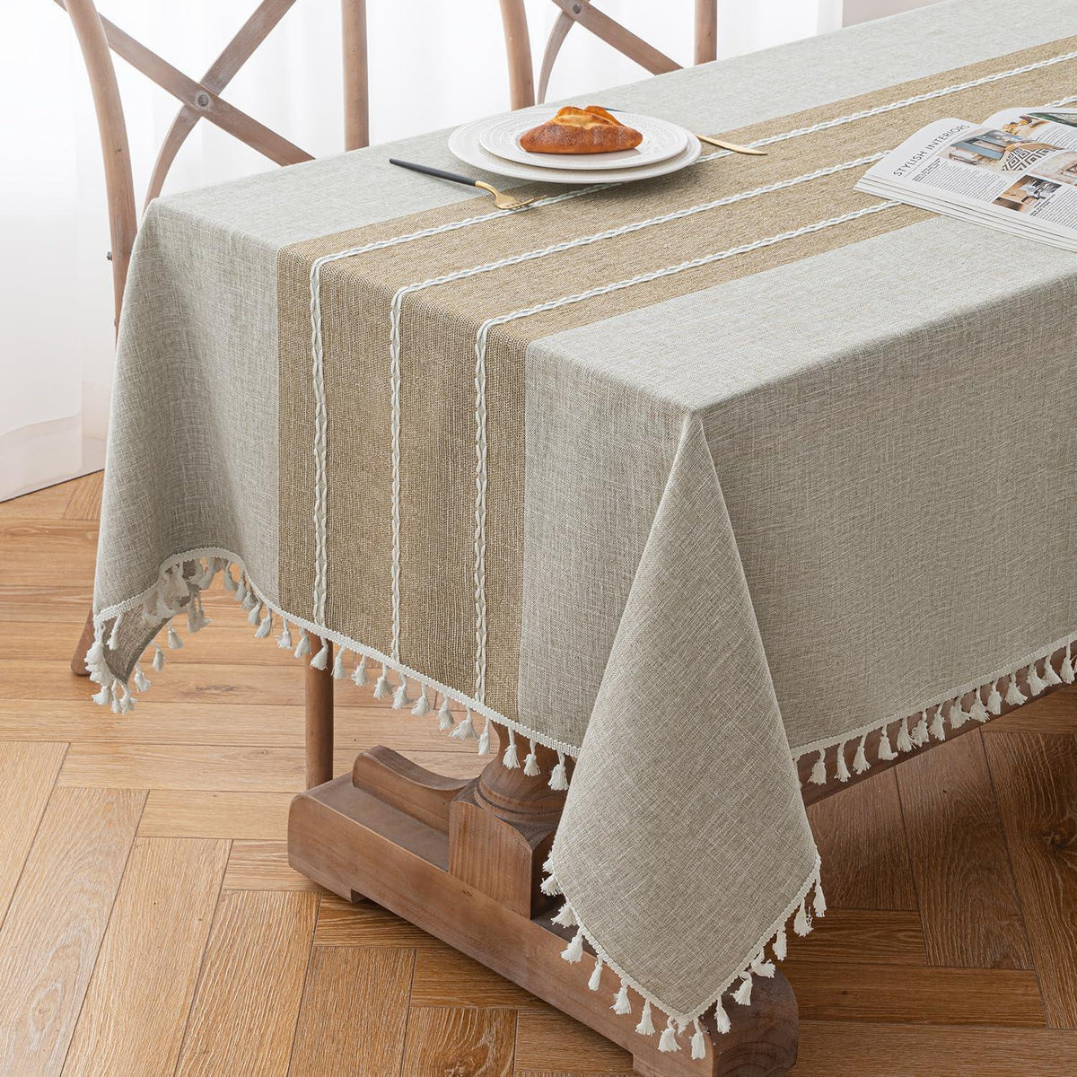 Leinenoptik Tischdecke Khaki Boho Streifen 140x180cm Rechteck