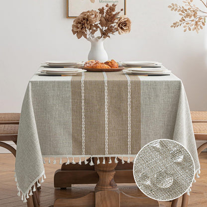 Leinenoptik Tischdecke Khaki Boho Streifen 140x180cm Rechteck