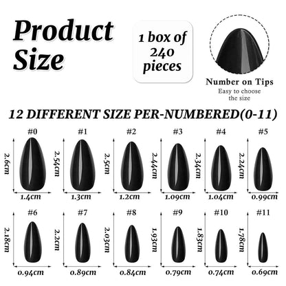 240 Schwarz Mandel Press on Nails - Künstliche Nagelspitzen Mittel