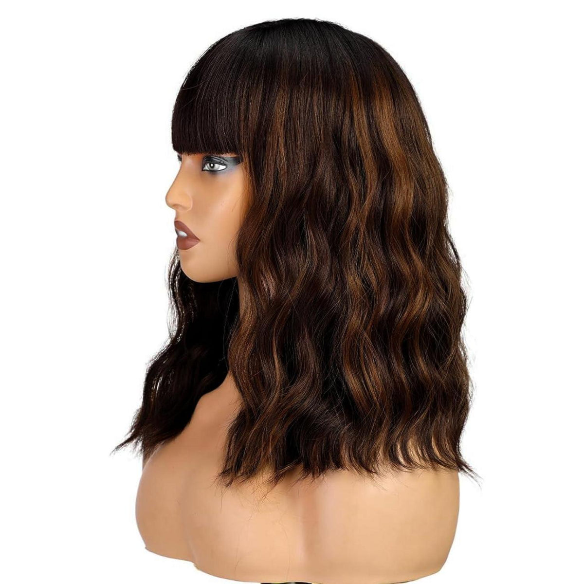 Dunkelbraune Bob-Perücke mit blonden Highlights, gewellt