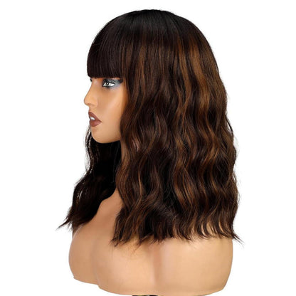 Dunkelbraune Bob-Perücke mit blonden Highlights, gewellt