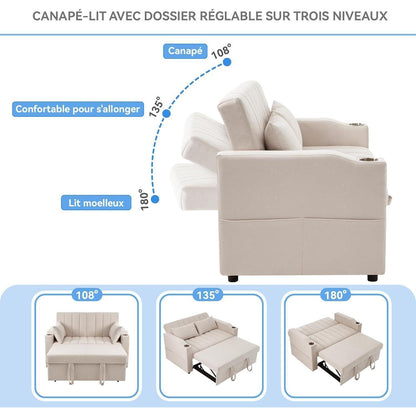 Modernes Schlafsofa mit Getränkehaltern & Kissen – Beige