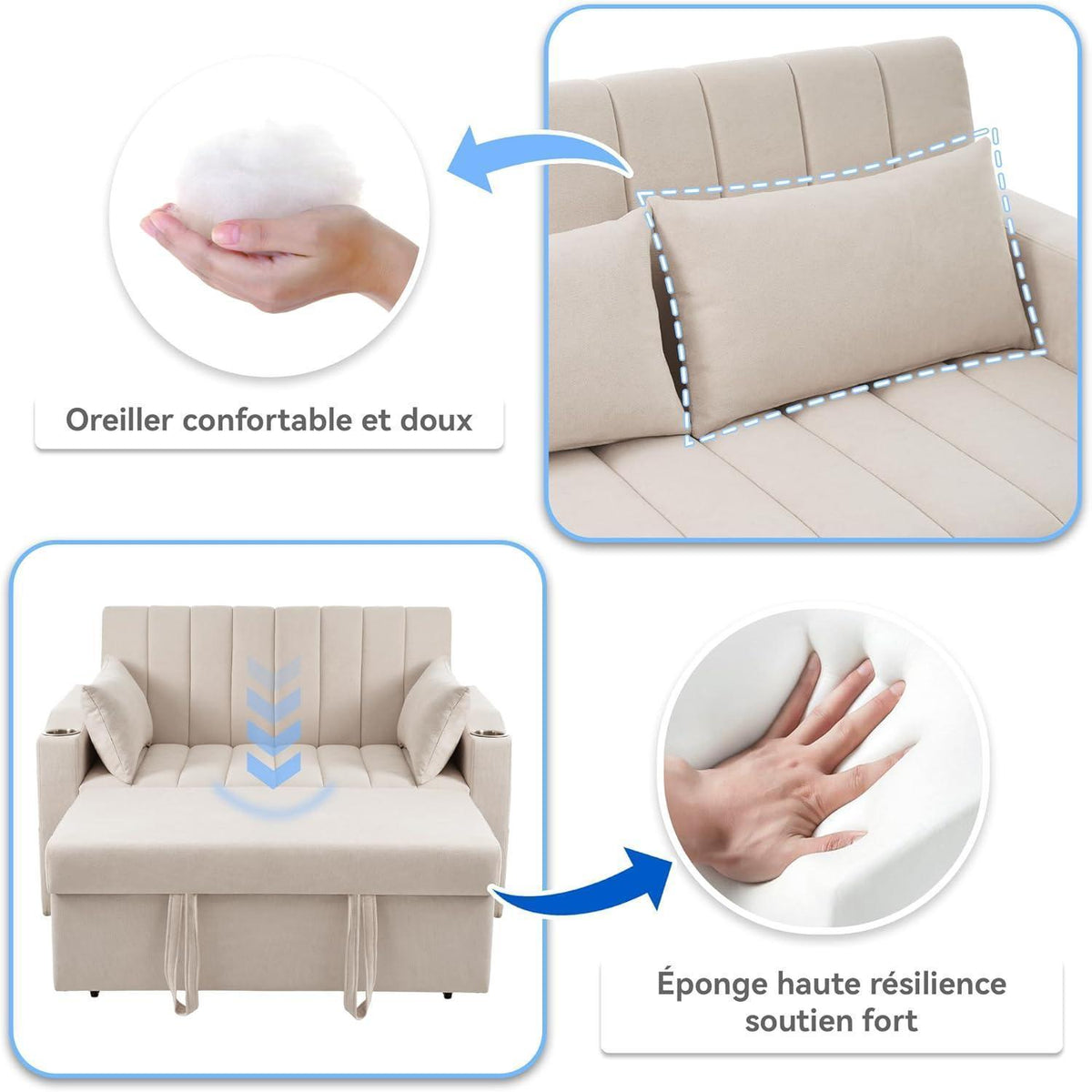 Modernes Schlafsofa mit Getränkehaltern & Kissen – Beige