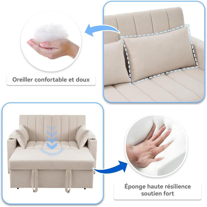 Modernes Schlafsofa mit Getränkehaltern & Kissen – Beige