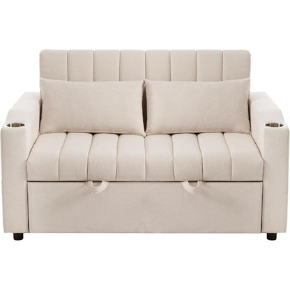 Modernes Schlafsofa mit Getränkehaltern & Kissen – Beige