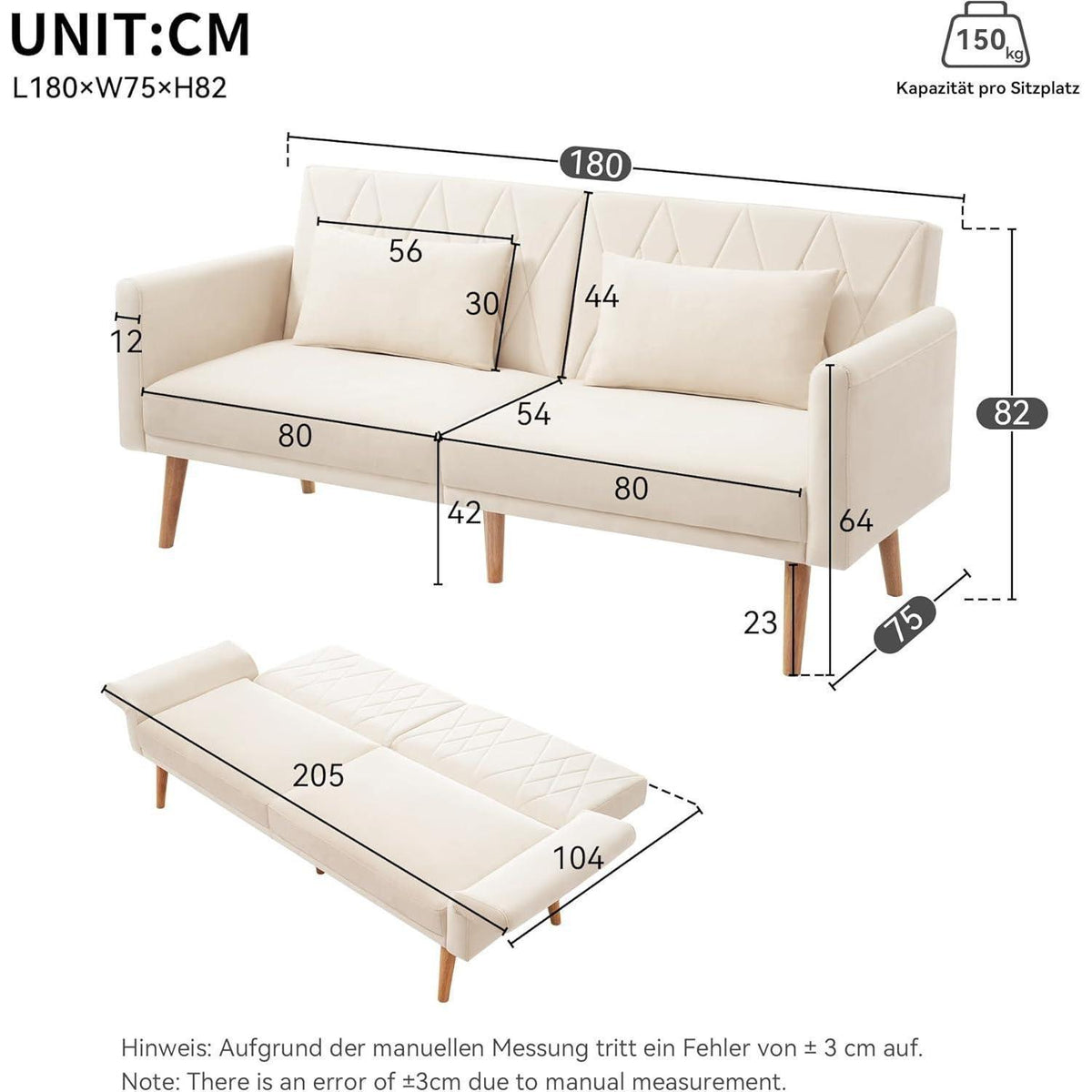 Zweisitzer-Schlafsofa mit Samtbezug – Beige