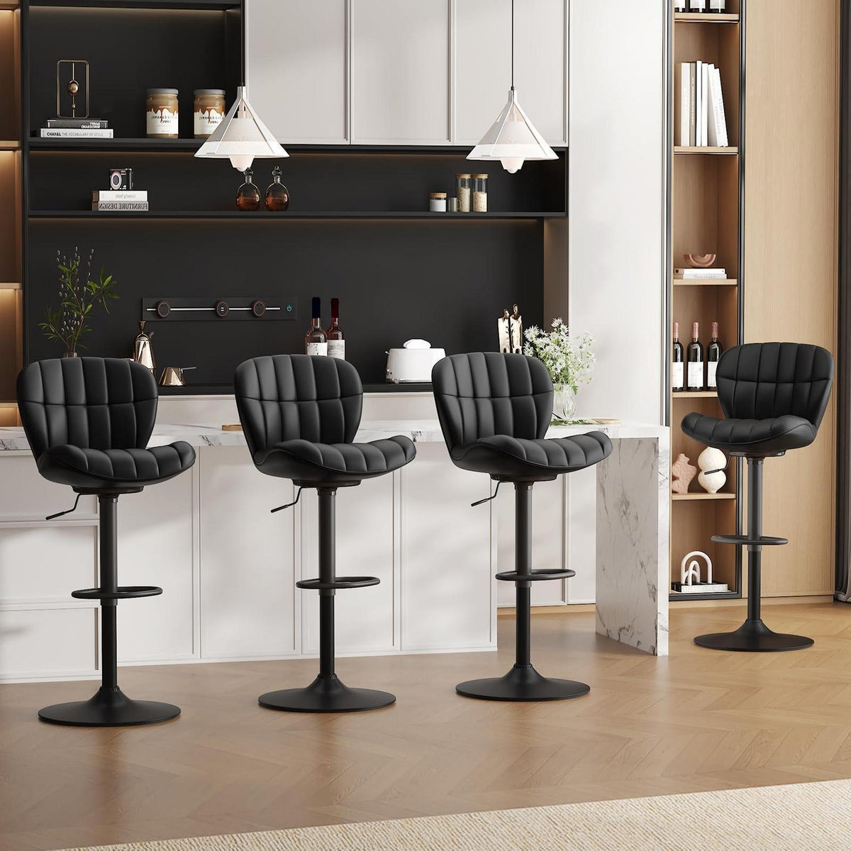 Barhocker Set 4er – Höhenverstellbar, Schwarz in Lederoptik