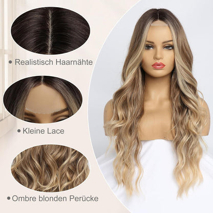 Lange Ombre Blonde Lockenperücke 66cm - Synthetisch & Hitzebeständig
