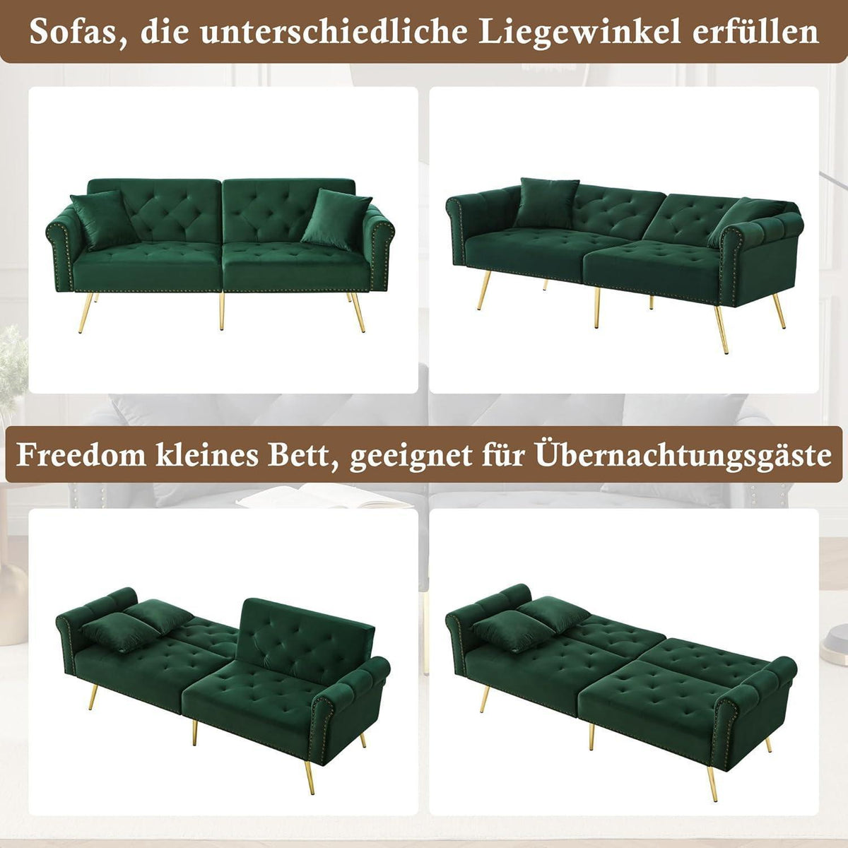 Modernes Schlafsofa mit Samtbezug & verstellbarer Rückenlehne (Grün)