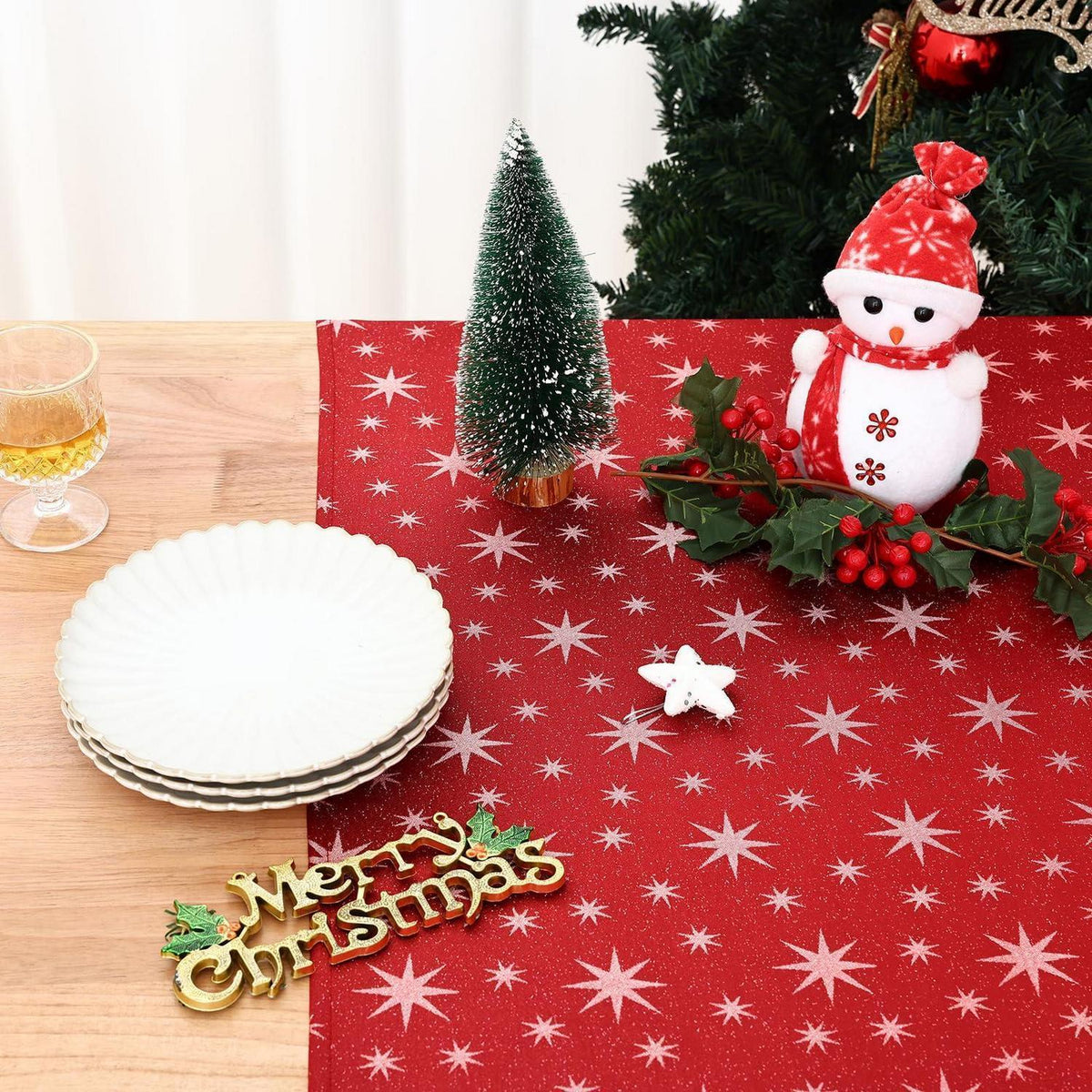 Tischdecke Weihnachten Rot 140x220cm Abwaschbar mit Sternenmuster