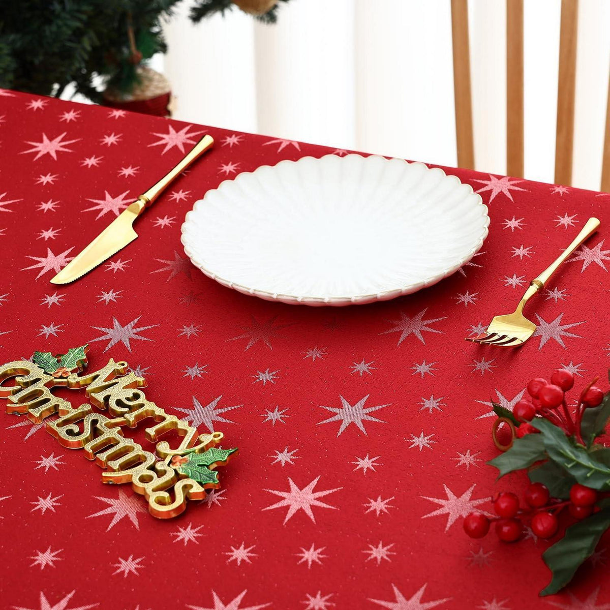 Tischdecke Weihnachten Rot 140x220cm Abwaschbar mit Sternenmuster