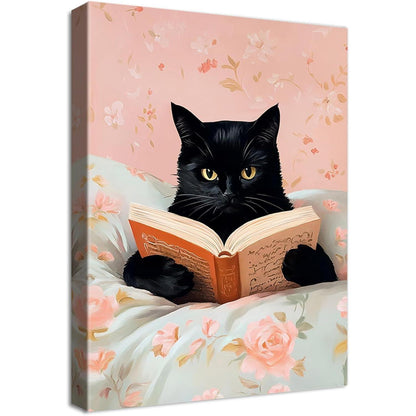 Gerahmtes Leinwandbild Schwarze Katze liest Bücher – Wandkunst Schlafzimmer