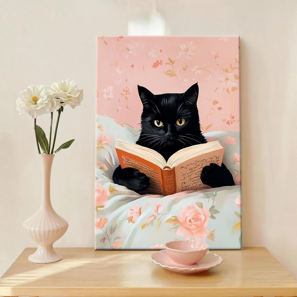 Gerahmtes Leinwandbild Schwarze Katze liest Bücher – Wandkunst Schlafzimmer